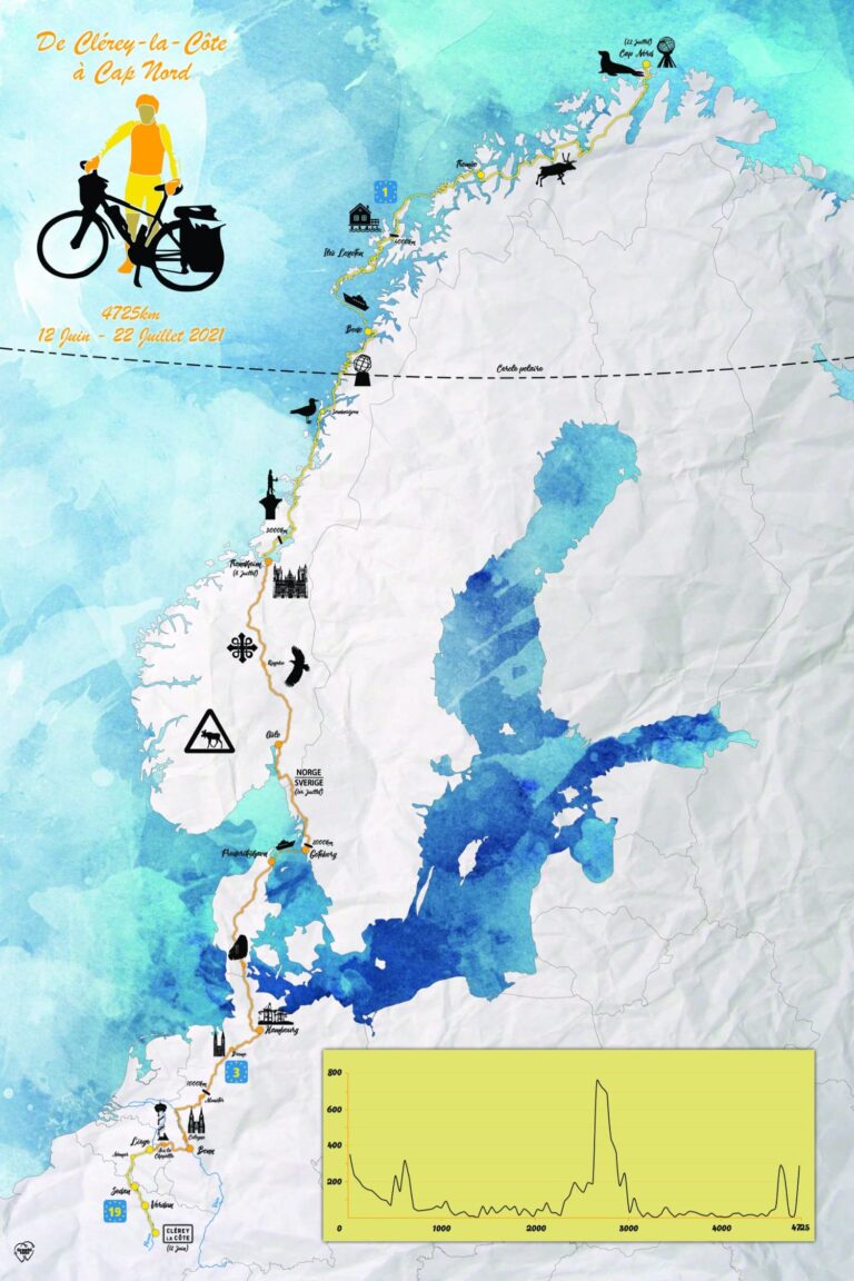 Carte de voyage personnalisée Graphitour – Le cap Nord à vélo en solo