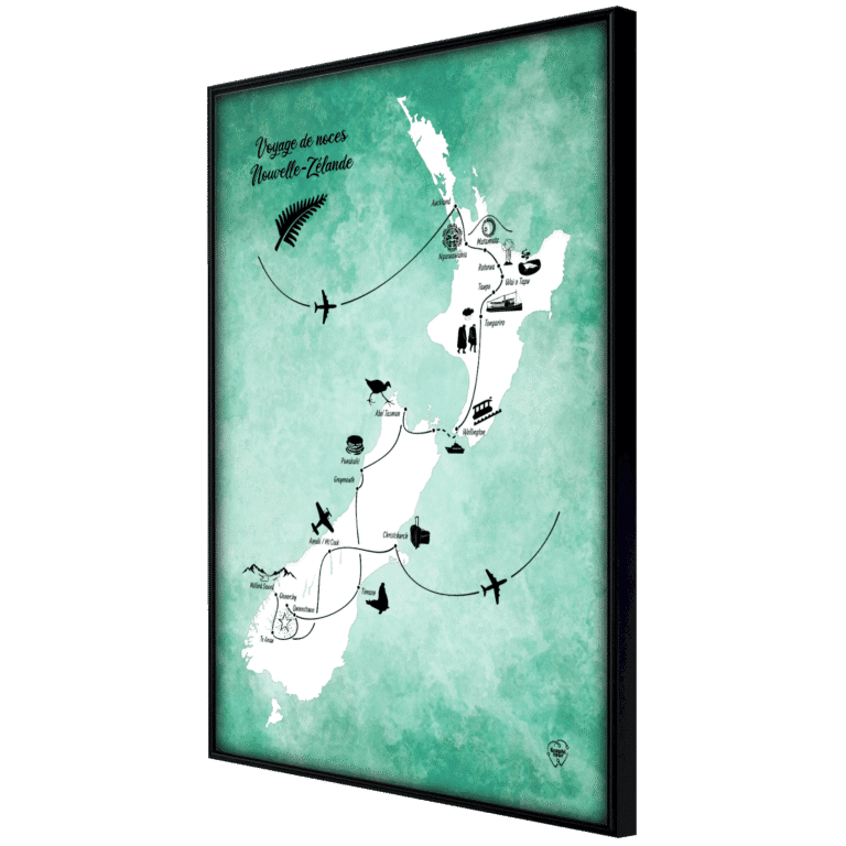 Carte de voyage personnalisée Graphitour – Voyage de noces en Nouvelle-Zélande